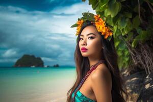 retrato de un asiático mujer en tropical playa generativo ai foto