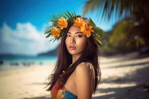 retrato de un asiático mujer en tropical playa generativo ai foto