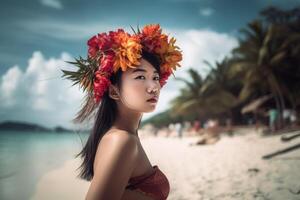 retrato de un asiático mujer en tropical playa generativo ai foto