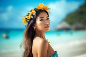 retrato de un asiático mujer en tropical playa generativo ai foto