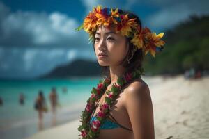 retrato de un asiático mujer en tropical playa generativo ai foto