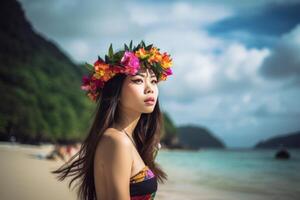 retrato de un asiático mujer en tropical playa generativo ai foto