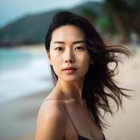 Portrait of an Asian Woman on Tropical Beach Generative AI photo