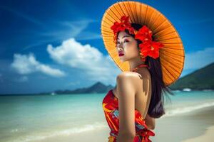 Portrait of an Asian Woman on Tropical Beach Generative AI photo