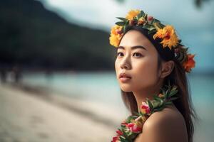 retrato de un asiático mujer en tropical playa generativo ai foto