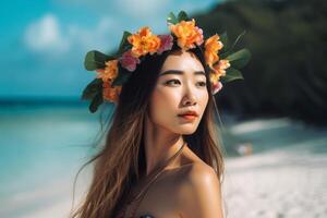 retrato de un asiático mujer en tropical playa generativo ai foto