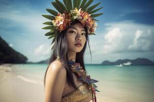 retrato de un asiático mujer en tropical playa generativo ai foto