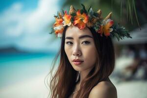 retrato de un asiático mujer en tropical playa generativo ai foto