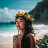 retrato de un asiático mujer en tropical playa generativo ai foto