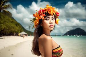 retrato de un asiático mujer en tropical playa generativo ai foto