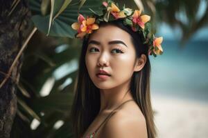 retrato de un asiático mujer en tropical playa generativo ai foto