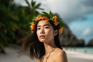 retrato de un asiático mujer en tropical playa generativo ai foto