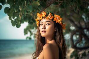 retrato de un asiático mujer en tropical playa generativo ai foto