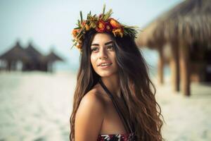 retrato de un atractivo joven mujer en tropical playa generativo ai foto