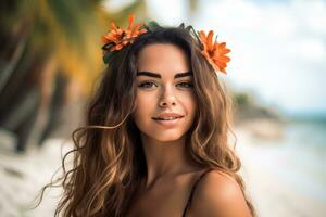 Portrait of an Attractive Young Woman on Tropical Beach Generative AI photo