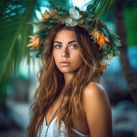 Portrait of an Attractive Young Woman on Tropical Beach Generative AI photo