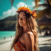 Portrait of an Attractive Young Woman on Tropical Beach Generative AI photo