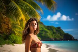 Portrait of an Attractive Young Woman on Tropical Beach Generative AI photo