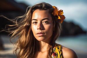 retrato de un atractivo joven mujer en tropical playa generativo ai foto