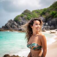 Portrait of an Attractive Young Woman on Tropical Beach Generative AI photo