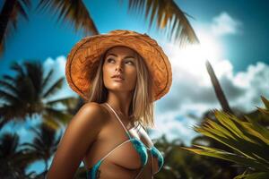 Portrait of an Attractive Young Woman on Tropical Beach Generative AI photo