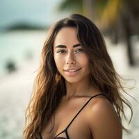 retrato de un atractivo joven mujer en tropical playa generativo ai foto