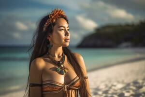 retrato de un atractivo joven mujer en tropical playa generativo ai foto