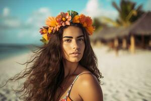 Portrait of an Attractive Young Woman on Tropical Beach Generative AI photo