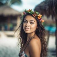 retrato de un atractivo joven mujer en tropical playa generativo ai foto