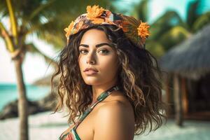 retrato de un atractivo joven mujer en tropical playa generativo ai foto