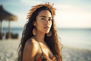 retrato de un atractivo joven mujer en tropical playa generativo ai foto