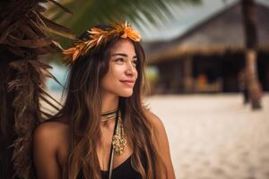 retrato de un atractivo joven mujer en tropical playa generativo ai foto