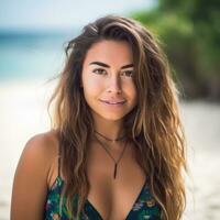 Portrait of an Attractive Young Woman on Tropical Beach Generative AI photo