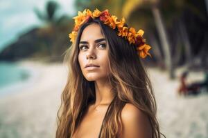 retrato de un atractivo joven mujer en tropical playa generativo ai foto