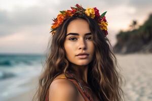 Portrait of an Attractive Young Woman on Tropical Beach Generative AI photo