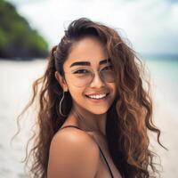 Portrait of an Attractive Young Woman on Tropical Beach Generative AI photo