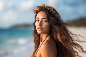 retrato de un atractivo joven mujer en tropical playa generativo ai foto