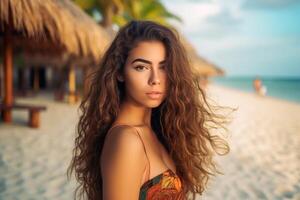 Portrait of an Attractive Young Woman on Tropical Beach Generative AI photo