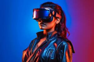 estilizado retrato de un mujer vistiendo un vr auriculares generativo ai foto