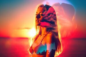 Summer Themed Double Exposure Bikini Portrait Generative AI photo