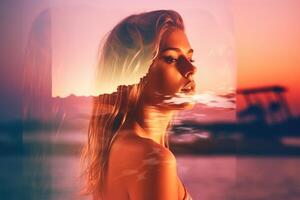 Summer Themed Double Exposure Bikini Portrait Generative AI photo