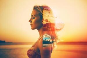 Summer Themed Double Exposure Bikini Portrait Generative AI photo