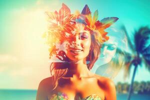 Summer Themed Double Exposure Bikini Portrait Generative AI photo