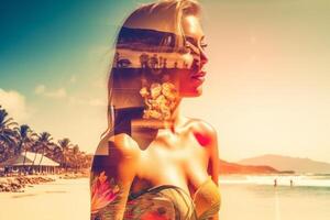 Summer Themed Double Exposure Bikini Portrait Generative AI photo