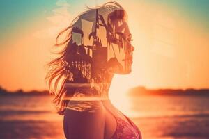 Summer Themed Double Exposure Bikini Portrait Generative AI photo