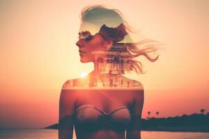 Summer Themed Double Exposure Bikini Portrait Generative AI photo