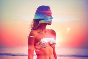 Summer Themed Double Exposure Bikini Portrait Generative AI photo