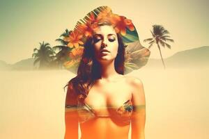 Summer Themed Double Exposure Bikini Portrait Generative AI photo