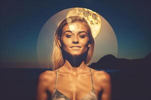 Summer Themed Double Exposure Moonlit  Bikini Portrait Generative AI photo