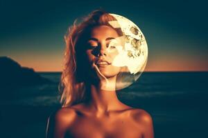 Summer Themed Double Exposure Moonlit  Bikini Portrait Generative AI photo